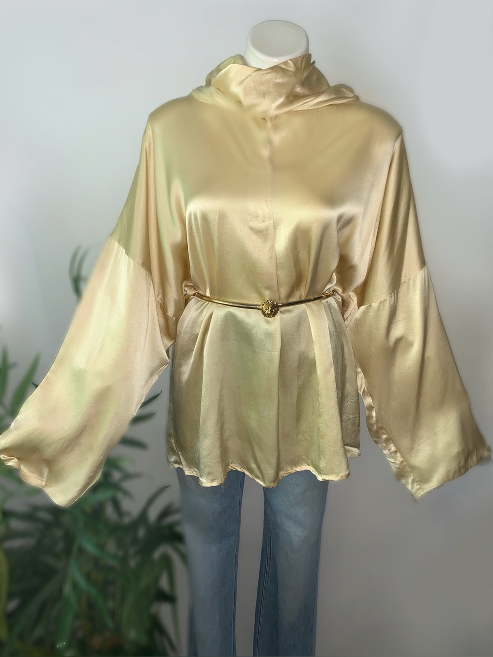 Vintage Golden 100% Silk Satin Blouse Disco Glam Washable